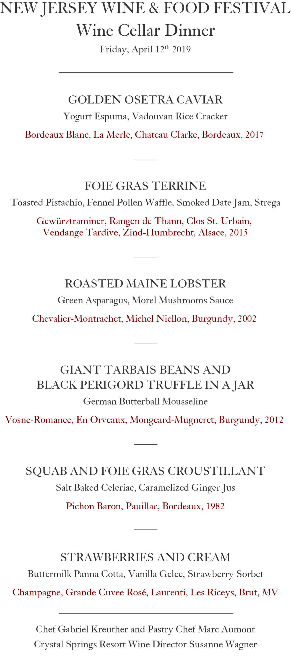 Wine Cellar Dinner Menu